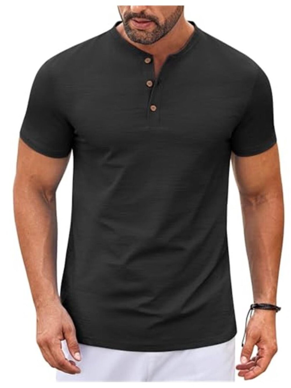 Mens Henley Shirt Short Sleeve Summer Casual Tee Lightweight Stretch Black Top
